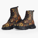 Casual Leather Chunky Boots Wooden Carvings Tribal Symbols