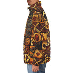 Down-Padded Puffer Jacket Wooden Carvings Tribal Symbols