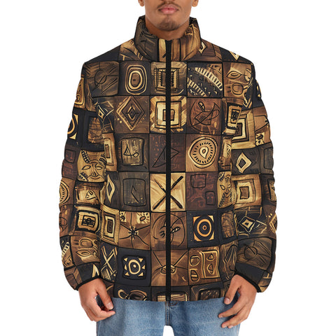 Down-Padded Puffer Jacket African Tribal Symbols Art