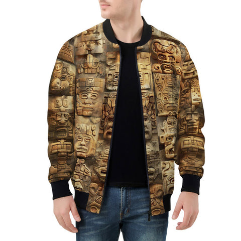 Bomber Jacket Ancient Mayan Carvings Faces