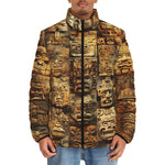 Down-Padded Puffer Jacket Ancient Mayan Carvings Faces