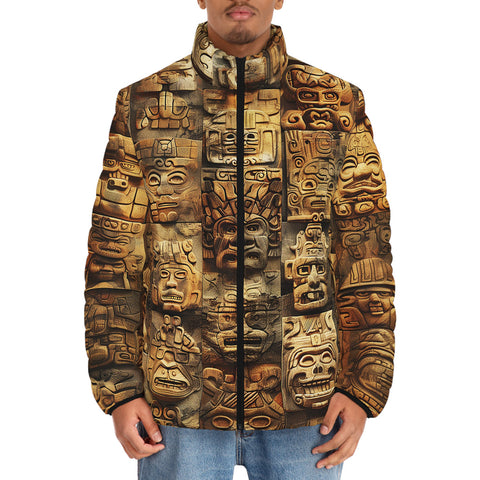 Down-Padded Puffer Jacket Ancient Mayan Carvings Faces