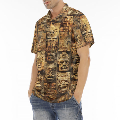 Men's Polo Shirt Ancient Mayan Carvings Faces