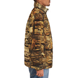 Down-Padded Puffer Jacket Ancient Mayan Carvings Faces