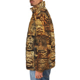 Down-Padded Puffer Jacket Ancient Mayan Carvings Faces