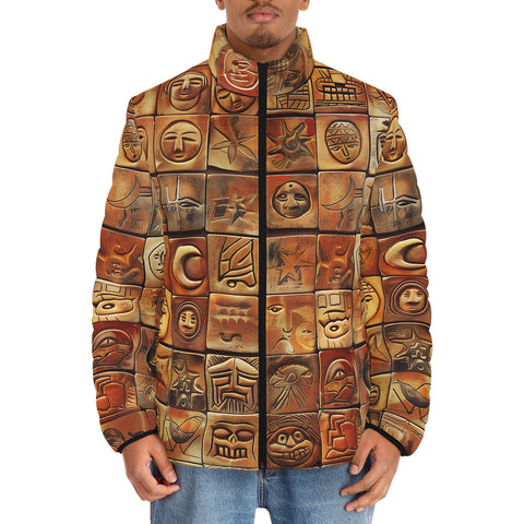 Down-Padded Puffer Jacket Terracotta Tiles Tribal Symbols