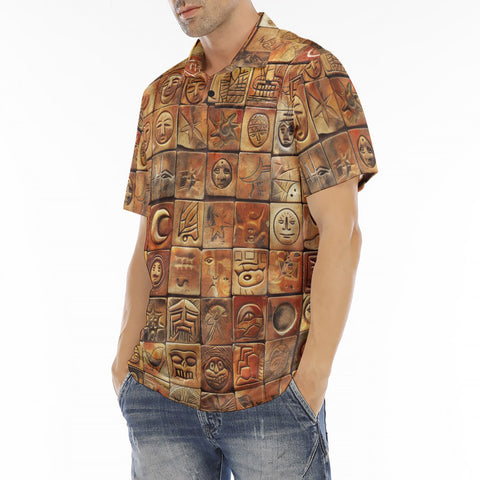 Men's Polo Shirt Terracotta Tiles Tribal Symbols