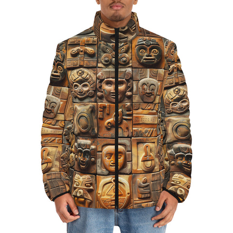 Down-Padded Puffer Jacket Terracotta Tiles Carvings Faces