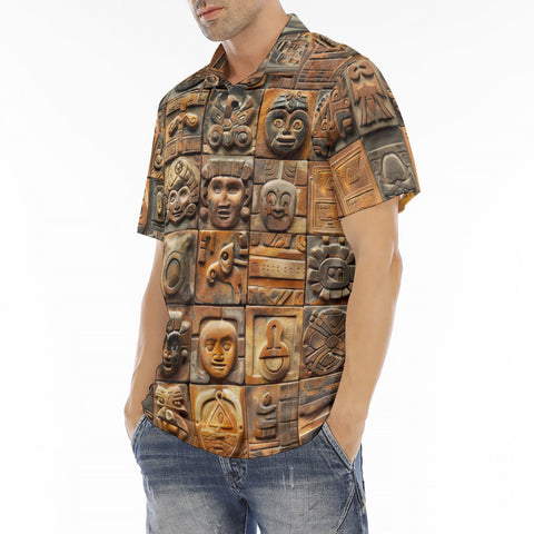 Men's Polo Shirt Terracotta Tiles Carvings Faces
