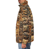 Down-Padded Puffer Jacket Terracotta Tiles Carvings Faces