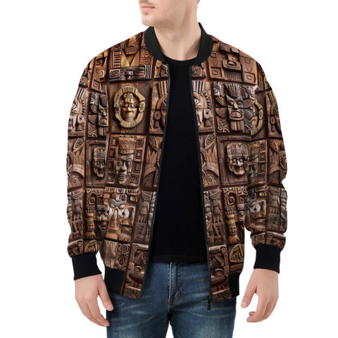 Bomber Jacket Ancient Mayan Wooden Carvings