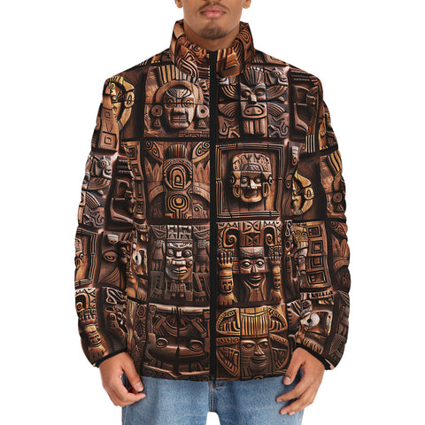 Down-Padded Puffer Jacket Ancient Mayan Wooden Carvings