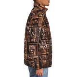 Down-Padded Puffer Jacket Ancient Mayan Wooden Carvings