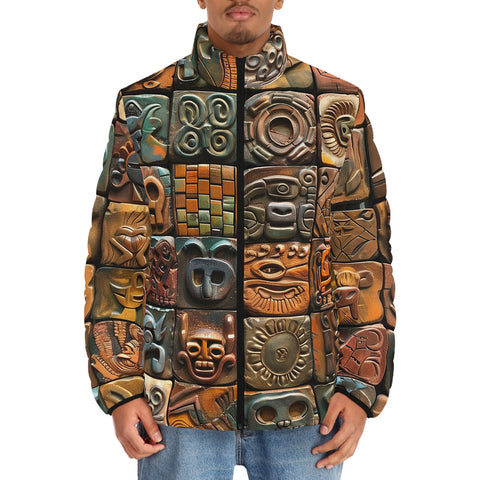 Down-Padded Puffer Jacket Mosaic Traditional Mayan Symbols