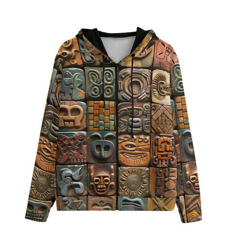 Men's Zip Up Hoodie Mosaic Traditional Mayan Symbols