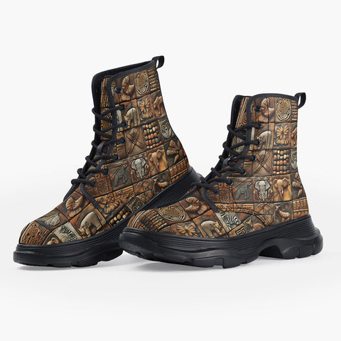 Casual Leather Chunky Boots Various Tribal Motifs Tile