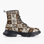 Casual Leather Chunky Boots Ancient African Tribal Patterns