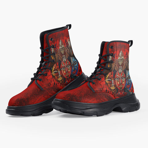 Casual Leather Chunky Boots African Motifs