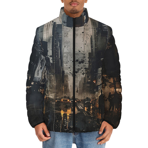 Down-Padded Puffer Jacket Chaotic Urban Landscape Painting