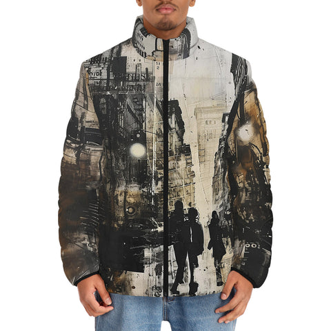 Down-Padded Puffer Jacket Abstract Painting Urban Cityscape