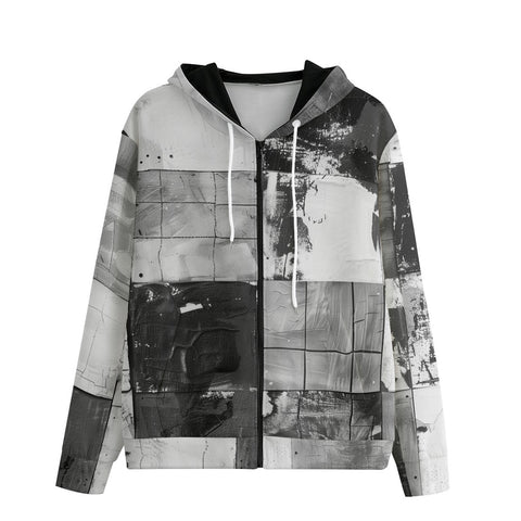 Men's Zip Up Hoodie Black And White Squares Art