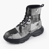 Casual Leather Chunky Boots Black And White Squares Art