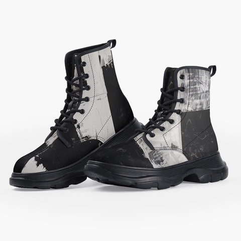 Casual Leather Chunky Boots Black And White Modern Art Abstraction