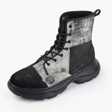 Casual Leather Chunky Boots Black And White Modern Art Abstraction