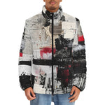 Down-Padded Puffer Jacket Modern Art Abstraction Black White and Red