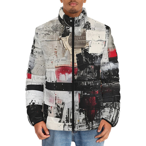 Down-Padded Puffer Jacket Modern Art Abstraction Black White and Red