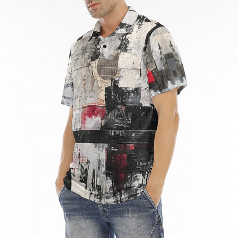Men's Polo Shirt Modern Art Abstraction Black White and Red