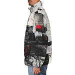 Down-Padded Puffer Jacket Modern Art Abstraction Black White and Red