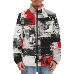 Down-Padded Puffer Jacket Modern Art Abstraction Black White and Red