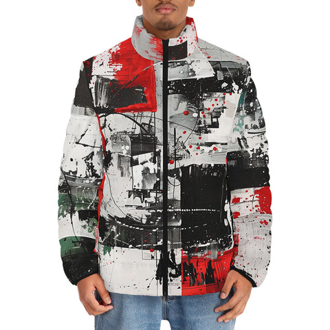 Down-Padded Puffer Jacket Modern Art Abstraction Black White and Red