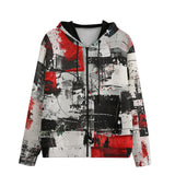 Men's Zip Up Hoodie Modern Art Abstraction Black White and Red