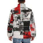 Down-Padded Puffer Jacket Modern Art Abstraction Black White and Red