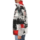 Down-Padded Puffer Jacket Modern Art Abstraction Black White and Red