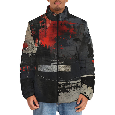 Down-Padded Puffer Jacket Modern Art Abstraction Black and Red