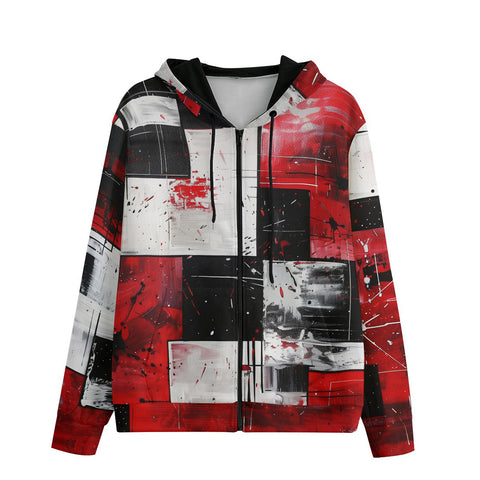 Men's Zip Up Hoodie Modern Art Abstraction Black White and Red