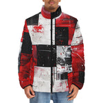 Down-Padded Puffer Jacket Modern Art Abstraction Black White and Red