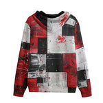 Men's Zip Up Hoodie Modern Art Abstraction Black White and Red