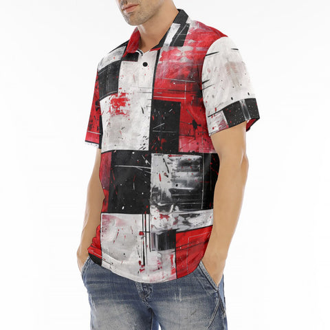 Men's Polo Shirt Modern Art Abstraction Black White and Red