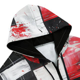 Men's Zip Up Hoodie Modern Art Abstraction Black White and Red