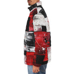 Down-Padded Puffer Jacket Modern Art Abstraction Black White and Red