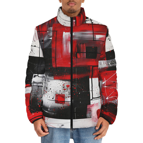 Down-Padded Puffer Jacket Modern Art Abstraction Black White and Red
