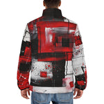 Down-Padded Puffer Jacket Modern Art Abstraction Black White and Red