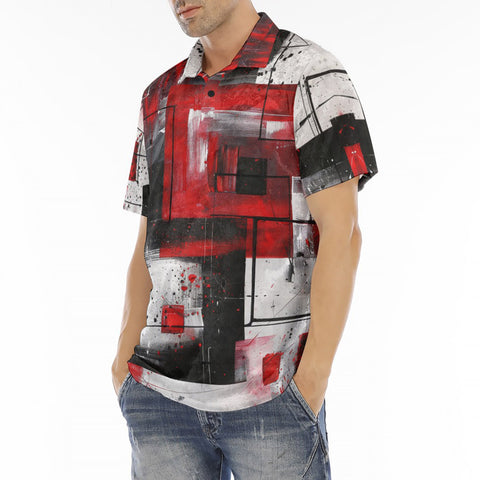 Men's Polo Shirt Modern Art Abstraction Black White and Red