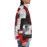 Down-Padded Puffer Jacket Modern Art Abstraction Black White and Red