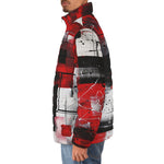 Down-Padded Puffer Jacket Modern Art Abstraction Black White and Red