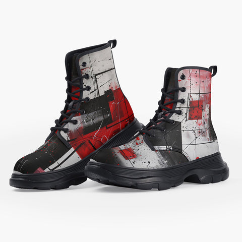 Casual Leather Chunky Boots Modern Art Abstraction Black White and Red